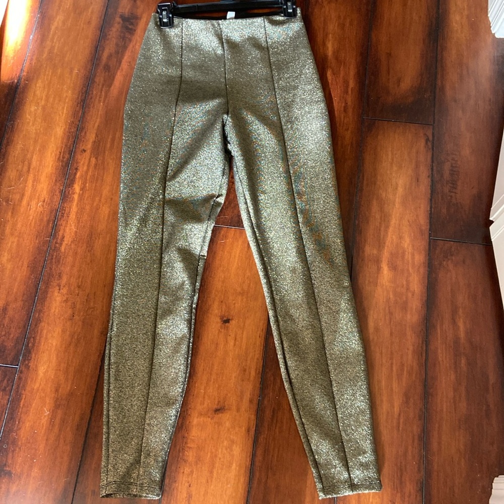 Made in UK Viscose Metallic gold straight leg pants with elastic waistband!